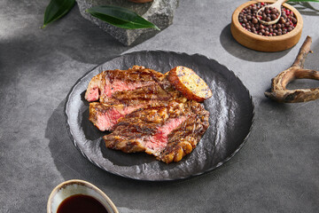 Ribeye steak with rustic char, bright natural lighting, overhead composition
