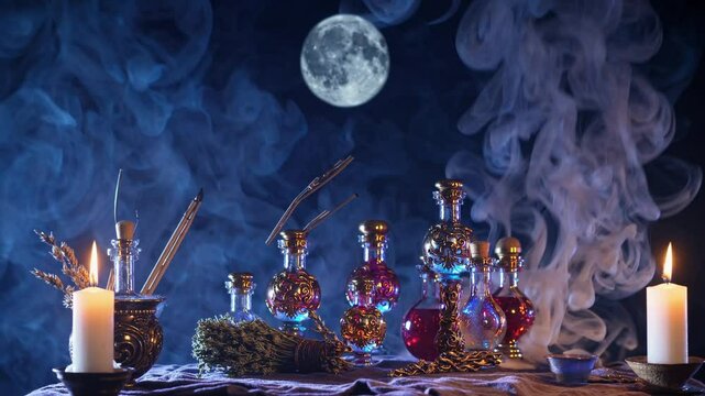 Mystical altar under moonlight with candles, incense, and potion bottles surrounded by smoke, symbolizing witchcraft, spiritual rituals, mysticism, and esoteric magical practices