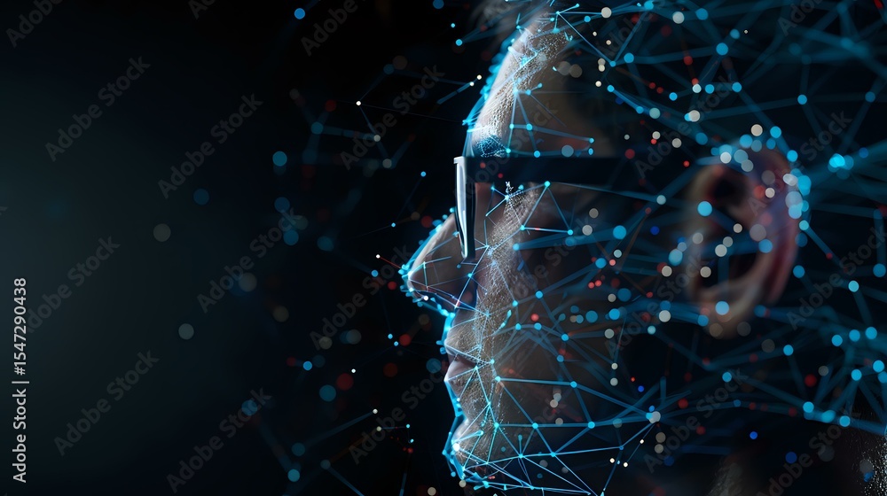 Poster digital profile with glowing network connections and particles on dark background showcasing artific