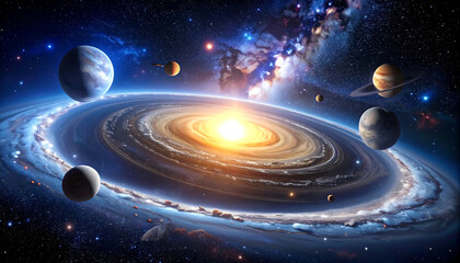A stunning cosmic vista of a vibrant solar system, with planets orbiting a luminous spiral galaxy and glowing nebulae.