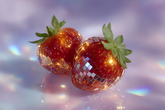 Fresh strawberries transformed into disco balls with mirror tile effect reflecting colorful lights on dreamy purple background, creative food concept for party design.