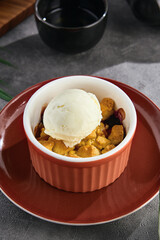 Baked cake dessert with vanilla ice cream, bright lighting, overhead composition, pan-Asian menu style