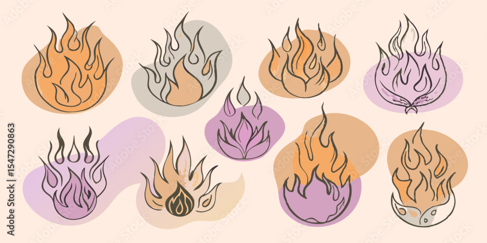 Poster collection of hand drawn flames with different colors and shapes on a light background for design el