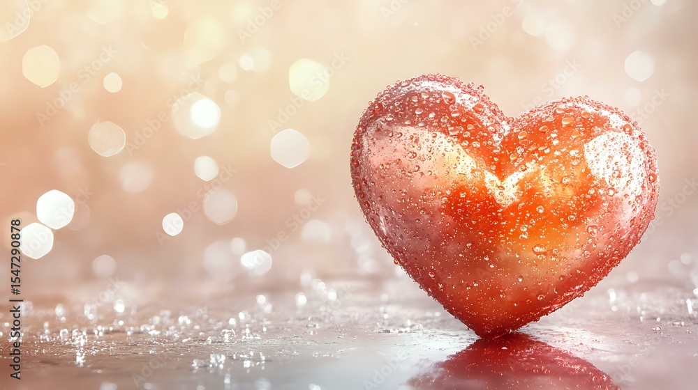 Poster red heart on glittery surface with soft bokeh lights in background creating romantic atmosphere. met