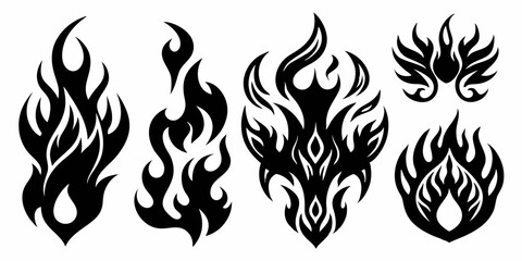 Naklejka premium Collection of Five Stylized Flame Designs in Black and White for Tattoo Logo or Graphic Design Projects