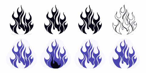 Fototapeta premium Vector Illustration Set of Flames in Black Outline and Blue Colors Isolated on a White Background for Design Elements