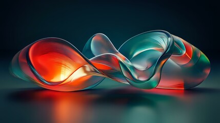 Abstract flowing glass or crystal shapes in vibrant orange, red and teal colors on dark background with reflective surface, creating dynamic modern art composition.