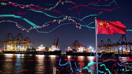 Chinese flag waving over cargo port with glowing night skyline and financial graphs, symbolizing China’s global trade, economic power, and influence in world markets