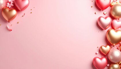 Celebrating love heart-shaped balloons romantic decor festive event pink background close-up joyful atmosphere