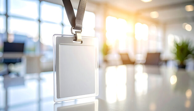 Blank ID card on lanyard in bright officeevent space.