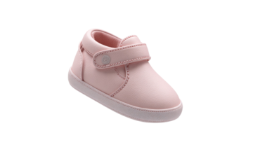 A pink shoe with a strap on the side