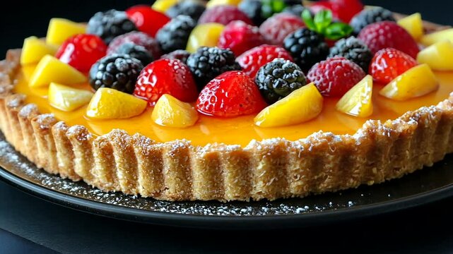 Colorful fruit tart with vibrant berries and mango on a dark background, perfect for dessert displays