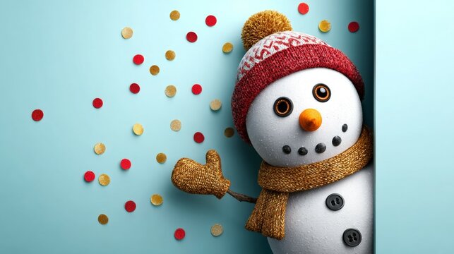 Cheerful snowman in beanie and scarf peeking on blue background with confetti