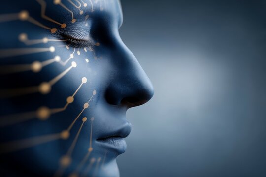 Technology-enhanced profile of female with digital circuit pattern on blue face