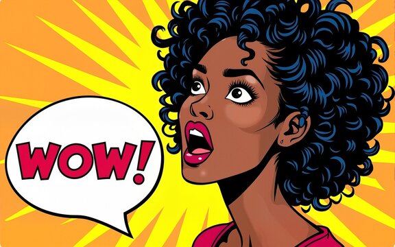 Wow pop art female face. Sexy surprised young african american woman with open mouth and Oh My God speech bubble. Vector bright background in pop art retro comic style. Invitation party poster.