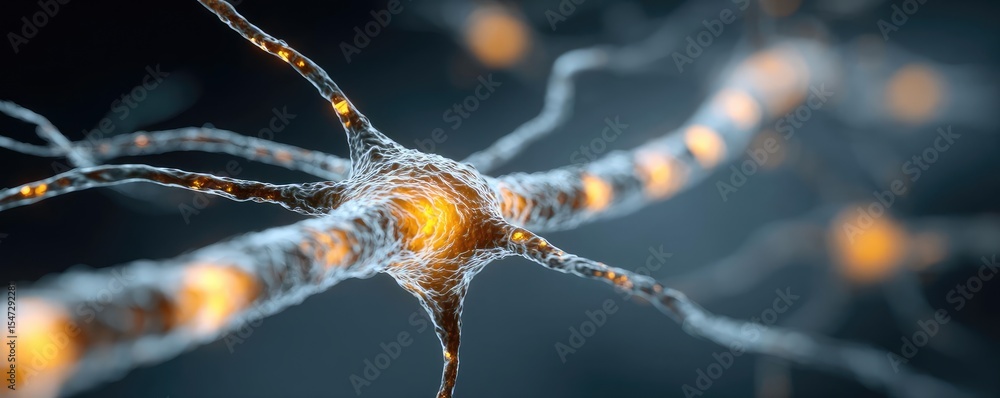 Poster Neurotransmitter imbalance affects dopamine pathway concept. Close-up view of a neuron with glowing connections in detail.