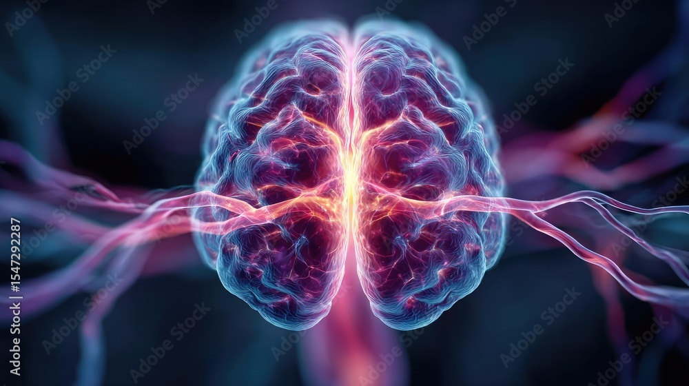 Aufkleber Dopamine regulation and pathway disruption concept. Visual representation of a brain with glowing neural activity.