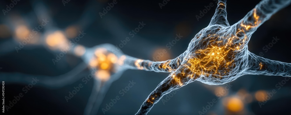 Aufkleber Dopamine regulation and pathway disruption concept. Close-up view of neurons with glowing synapses in a dark setting.
