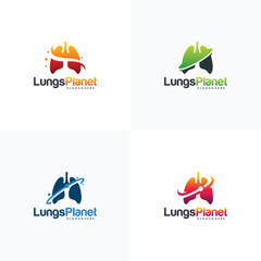Set of Lungs Planet logo designs concept vector, Lungs shield logo, Lungs Care logo template