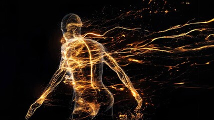 Transparent human figure displaying central and peripheral nervous systems with active glowing neuron pathways - Powered by Adobe