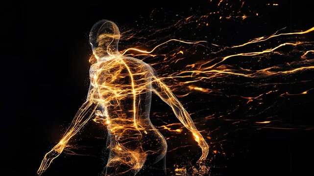 Transparent human figure displaying central and peripheral nervous systems with active glowing neuron pathways