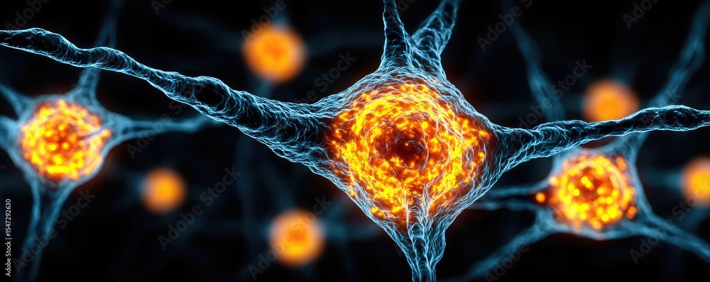 Poster dopamine regulation and pathway disruption concept. detailed view of glowing neurons in a dark backg