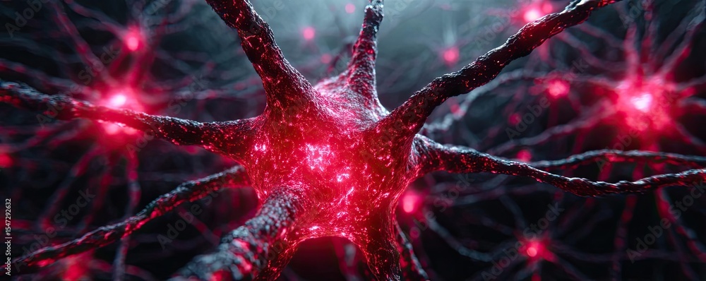 Poster dopamine regulation and pathway disruption concept. close-up of a glowing neuron showcasing intricat