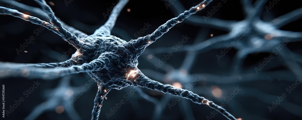 Poster Dopamine regulation and pathway disruption concept. Close-up of a neuron showcasing its intricate structure.