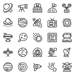 Collection of Basic Extrateresstrial Related Vector outline Icons. Contains Icons like Alien, Planet, Earth, Sun and more. Editable stroke. 48x48 pixels
