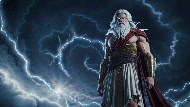 Epic fantasy thunder god Zeus with glowing white beard and storm powers standing against dark sky filled with electric bolts, symbolizing mythological strength, power, and divine wrath