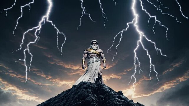 Majestic Zeus ancient Greek sky god of thunder stands upon craggy volcanic summit beneath raging night storm electrified by forked lightning bolts that symbolize ancient gods