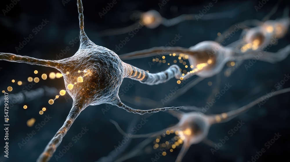 Poster Neurotransmitter imbalance affects dopamine pathway concept. Close-up view of neurons demonstrating neural connection processes.