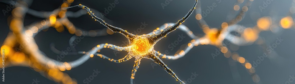 Poster Dopamine regulation and pathway disruption concept. Close-up view of glowing neurons in a neural network.