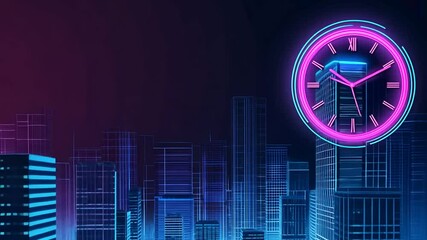 Futuristic city skyline with neon clock - Powered by Adobe