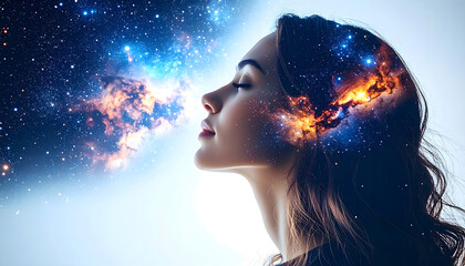 Profile of a woman with a galaxy overlay on her face and head, representing mind, dreams, or cosmic connection.