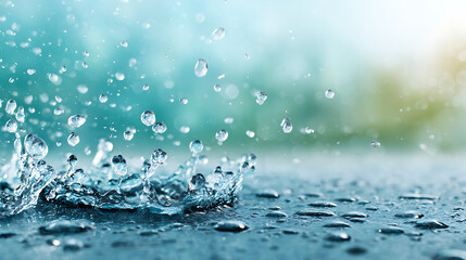 Abstract carwash banner, focus only on drops of water, jet spraying to car out of focus, toned in light blue color. Copy space image. Place for adding text and design