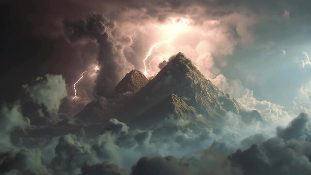 Photorealistic depiction of Mount Sinai enveloped in dark clouds, illuminated by lightning, evoking a sense of awe and divine presence, reminiscent of biblical encounters (Exodus 19).