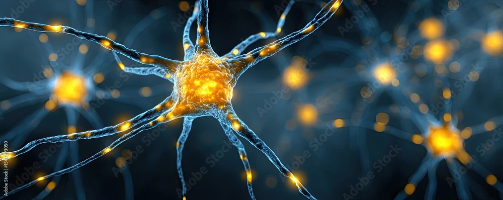 Poster Neurotransmitter imbalance affects dopamine pathway concept. Detailed view of neurons with glowing synapses and connections.