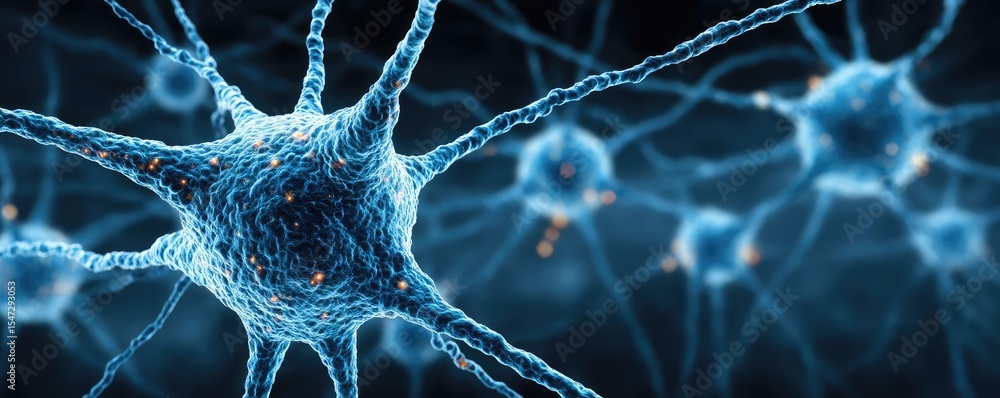 Poster Neurotransmitter imbalance affects dopamine pathway concept. Close-up view of interconnected neurons in the human brain.