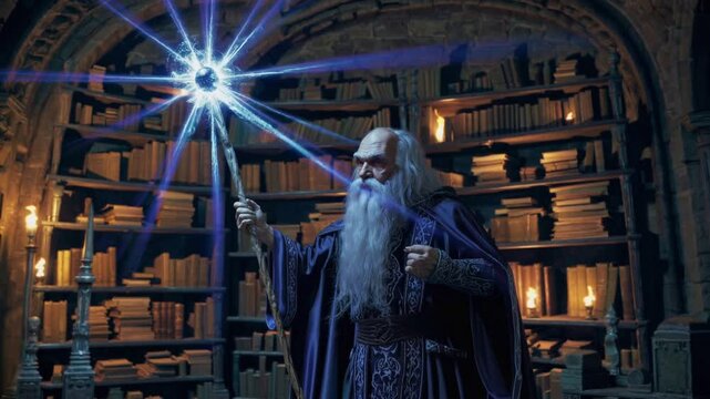 Wise wizard holding glowing staff emitting radiant light in ancient stone library filled with magical books and artifacts, symbolizing knowledge, power, and fantasy magic themes, casting a spell