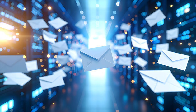 White envelopes flying through a futuristic digital tunnel with glowing blue and orange lights.