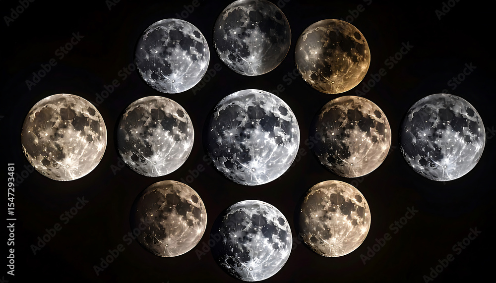 Poster a decorative arrangement of illuminated spheres resembling moons, featuring different shades of ligh