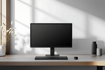 Sleek black desktop monitor with keyboard and mouse on a modern desk, perfect for workspace or tech mockup