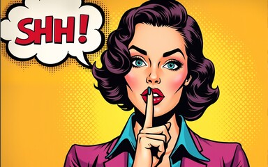 Pop art shhh woman, woman with finger on lips, silence gesture, pop art style woman banner, shut up. High quality