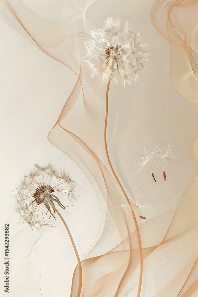 Poster delicate dandelion seeds floating on gentle beige waves create ethereal composition with soft flowin