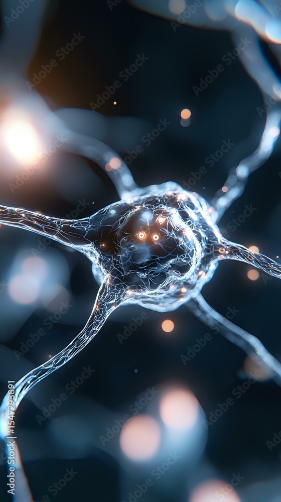 Poster glowing neuron cell with synaptic connections on dark background, neural network visualization with 