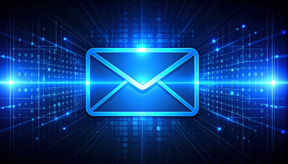 A glowing blue email icon in a futuristic digital space, symbolizing online communication and data.