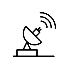 Satellite antenna broadcasting signal with waves vector line illustration for communication and technology concept icon