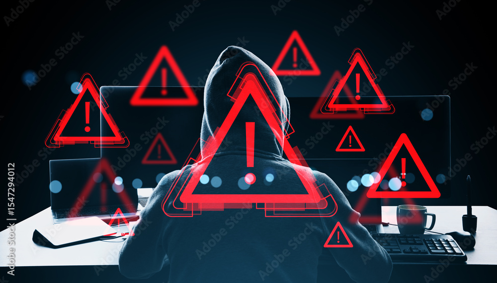 Poster Hacker in hoodie facing computer screens with red digital exclamation warning icons, symbolizing online danger, virus, and cybersecurity threats concept.