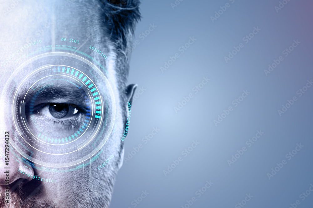 Poster close-up of man's eye with digital biometric scanning interface on blue background, symbolizing secu